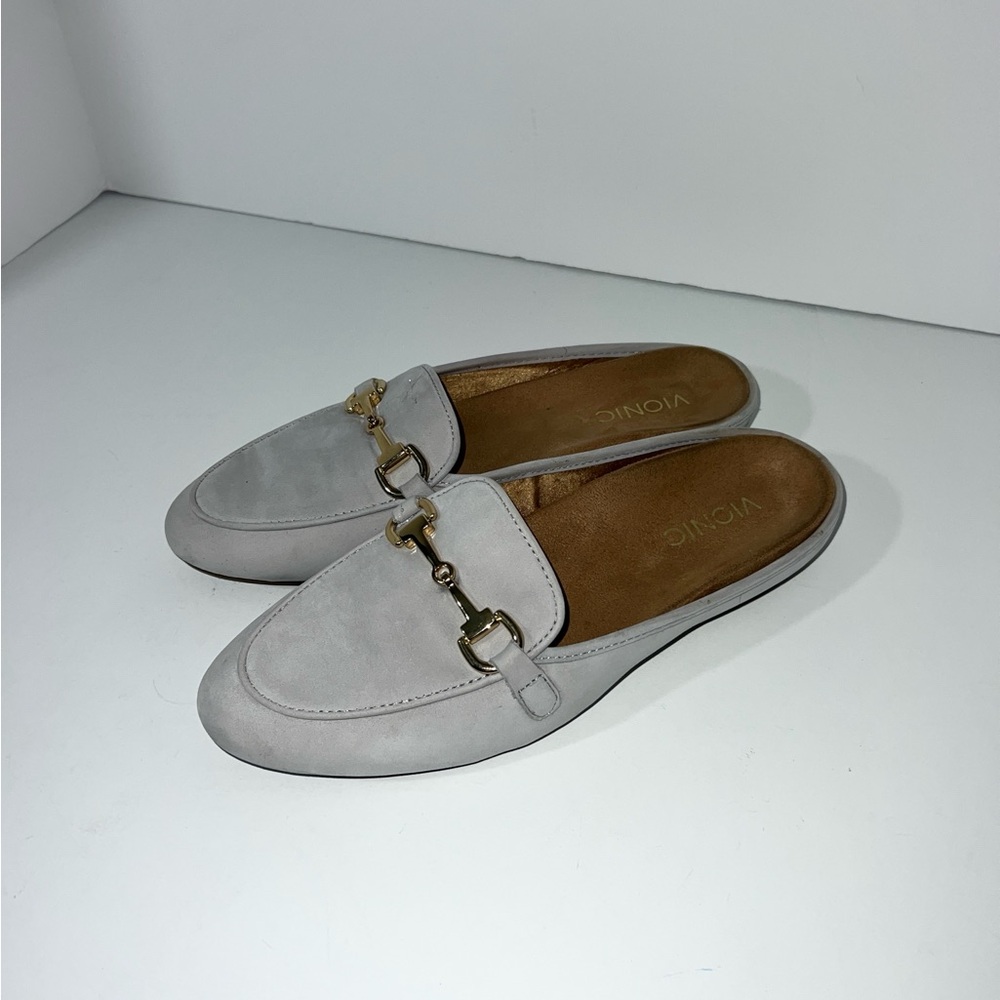 Vionic Adeline Women's Slip-on Mule Loafers Size 9 Light Gray Leather Flat Shoes